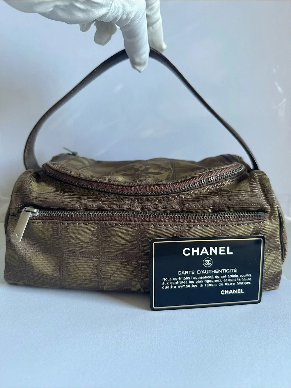 Vintage CHANEL New Travel Line Olive Khaki CC Jacquard Vanity Bag with Card